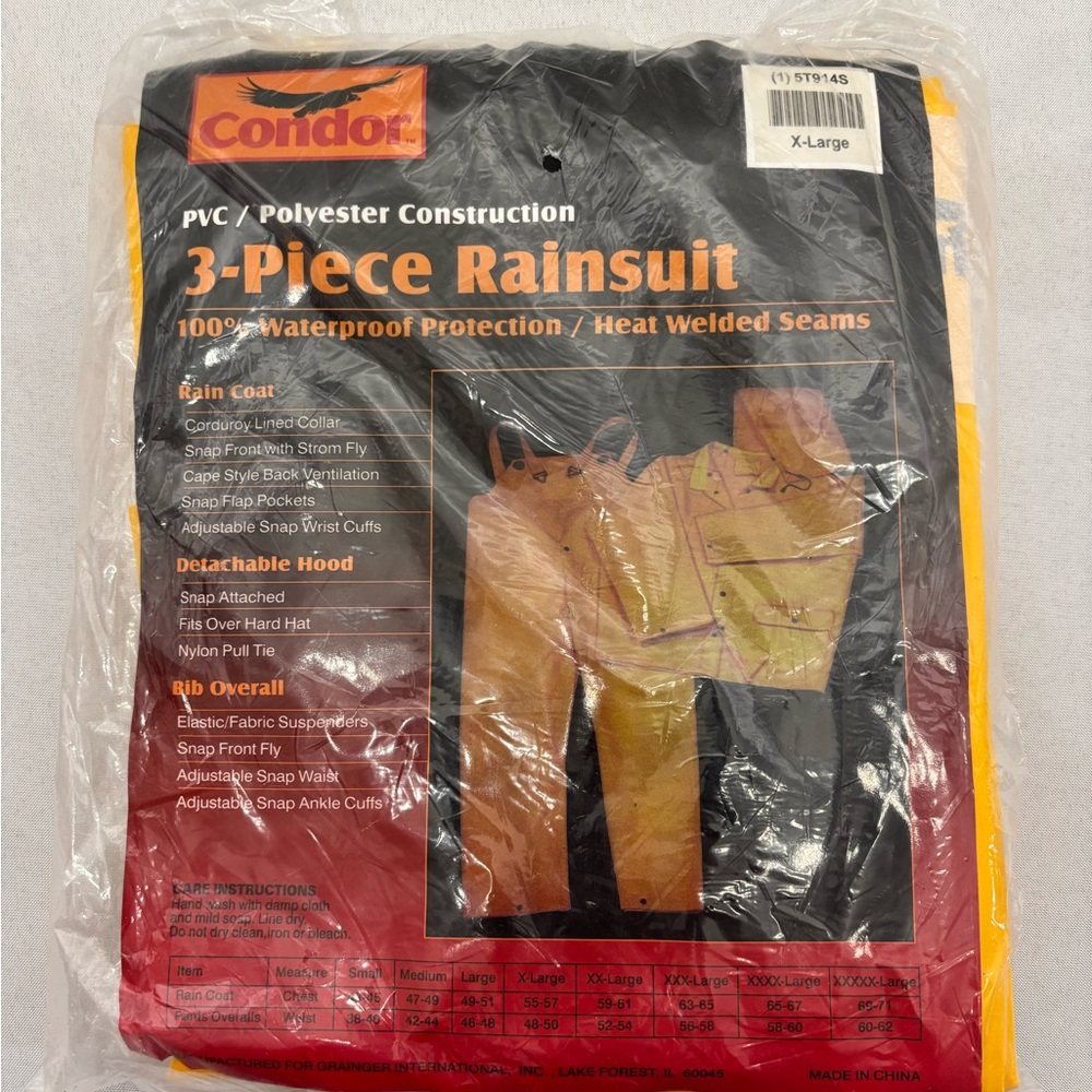 Condor 5T915T 3 Piece Rainsuit Bib, Detachable Hood, Jacket, Yellow, XL